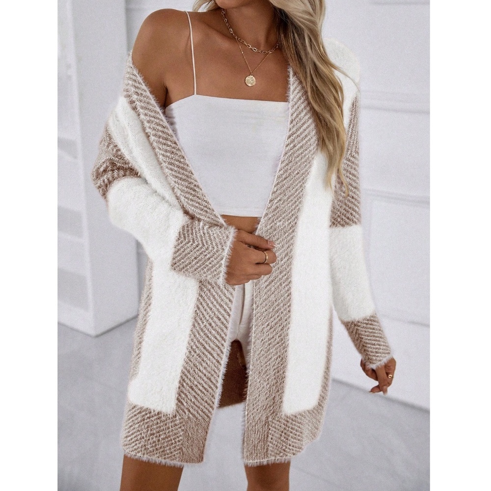 Fuzzy Duster Cardigan Open Long Sleeve Colorblock White Tan